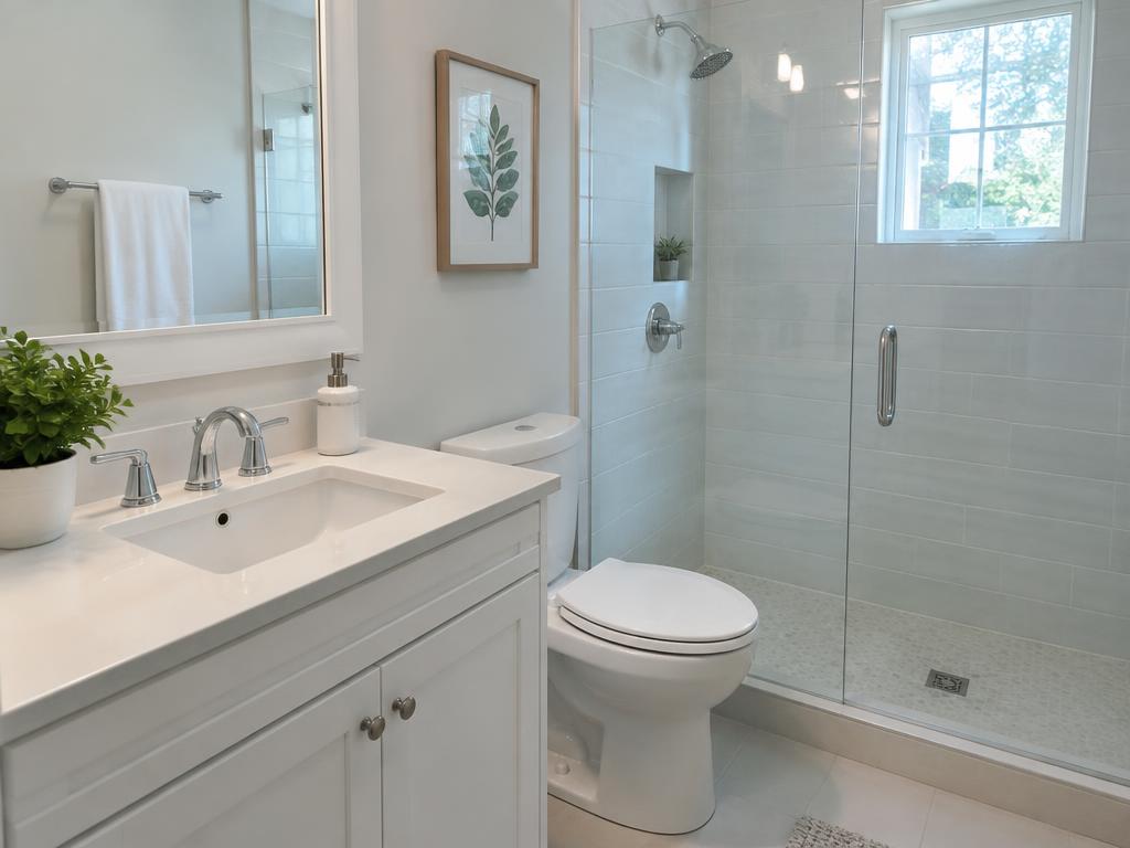 After cleaning: bathroom sink, faucet and glass shower