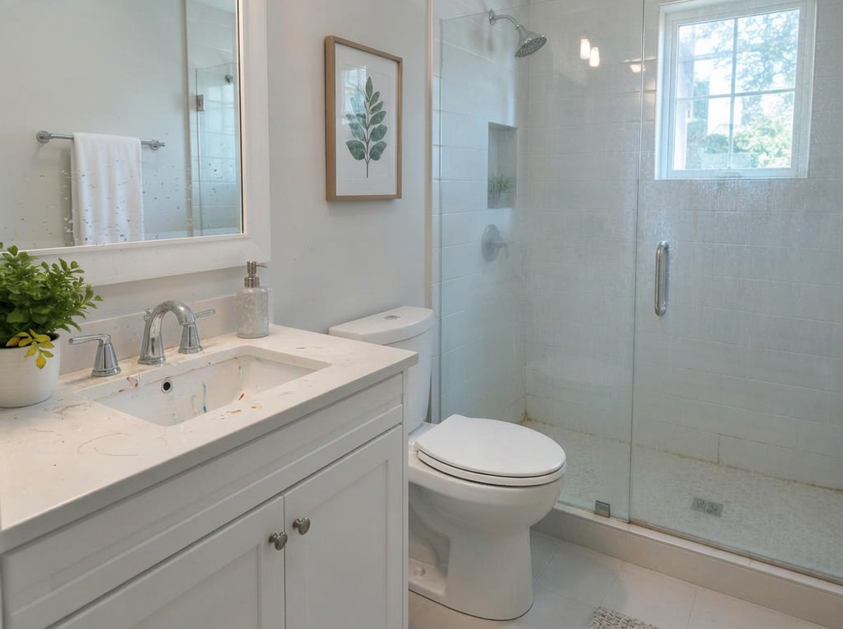 Before cleaning: bathroom sink, faucet and glass shower